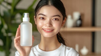 Poster - Young woman in white t-shirt holding a white frosted glass spray bottle with a white cap.