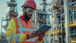 © ryker - A construction worker in safety gear is focused on tablet, showcasing determination and professionalism in an industrial setting.