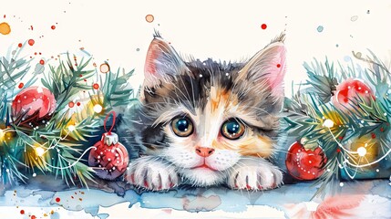 Watercolor illustration of a charming Christmas kitten looking puzzled as it gets tangled in festive garland, isolated on a white background