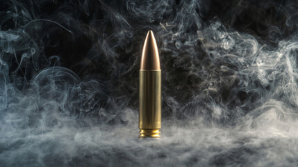 A bullet is sitting on top of a cloud of smoke