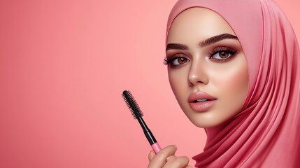 Poster - Beautiful woman in a pink hijab holding mascara.