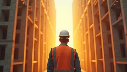 An engineer looks at an unfinished tall building, the engineer is wearing a white helmet and safety vest, Engineering, construction site and team outdoor for building project, planning 