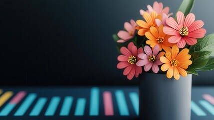 Financial analysis with blooming flowers on data points, symbolizing economic growth, 3D illustration