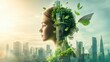 © kinara art design - A woman's profile is overlaid with a tree growing out of a city skyline. The image is a metaphor for the connection between humanity and nature, and the need for sustainable living.