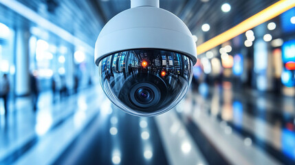 round security camera is mounted on a white ceiling inside a modern building. The camera's sleek design blends seamlessly with the surroundings, symbolizing vigilance and safety