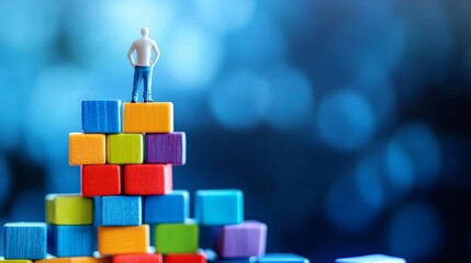 A miniature figurine standing atop a colorful wooden block tower against a blurred blue background.