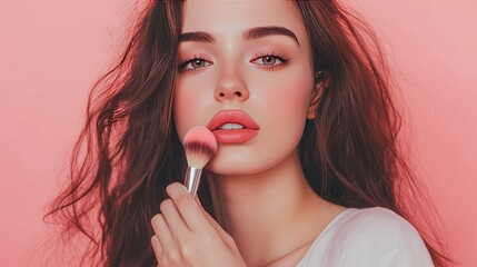 Canvas Print - Close-up of a young woman with long brown hair applying blush to her cheek with a makeup brush.