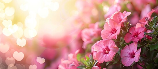 Wall Mural - Summer blooming pink angelonias backdrop selective focus shallow depth of field toned light and heart bokeh background pastel and soft card. Copy space image. Place for adding text and design