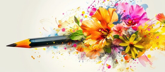 Poster - Vibrant artistic bouquet featuring a pencil and blossoms. Copy space image. Place for adding text and design