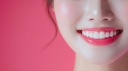 Poster - Close up of a woman's smile with pink lipstick on a pink background.