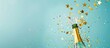 © Ilgun - Golden star confetti is scattered alongside splashes of champagne from a glass placed on a blue background This represents the celebration of Christmas and New Year Empty copy space flat lay featurin