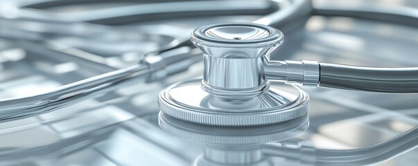 Close up of a silver stethoscope on a medical background.