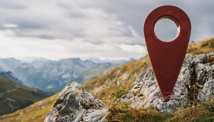 Sticker - Red location marker on rocky mountain. GPS, travel and tourism concept. Beautiful nature.