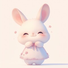 Canvas Print - A cute, white, cartoon rabbit with pink ears and a pink dress with flowers is standing on a white background with a soft pink glow around it.