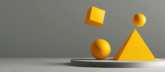 A collection of three dimensional yellow geometric shapes set against a gray background Basic shapes The cube balances on one edge of the triangle while the cylinder floats above. Copy space image