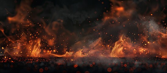 Poster - fire flames with smoke on a black background burning red hot sparks ascend fiery orange glowing part