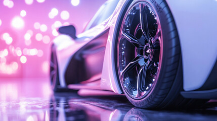 White sports car parked under stage lights reflecting on floor