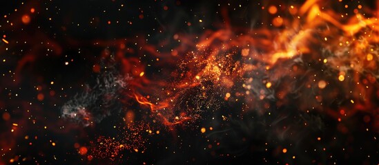 Fire flames with smoke on a black background burning red hot sparks ascend fiery orange glowing particles fly. Copy space image. Place for adding text and design