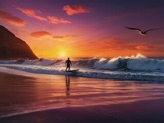 Wall Mural - sunset on the sea,sunset on the beach,surfer on the beach