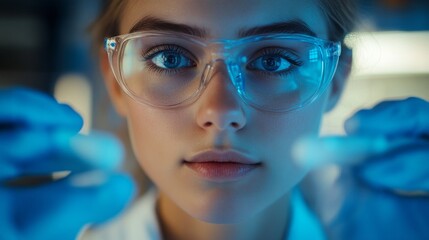 Poster - a focused young scientist examines delicate laboratory samples under soft blue lighting, showcasing 