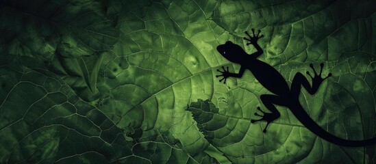 Poster - gecko silhouette on green leaf texture highlighting a nature theme with copyspace