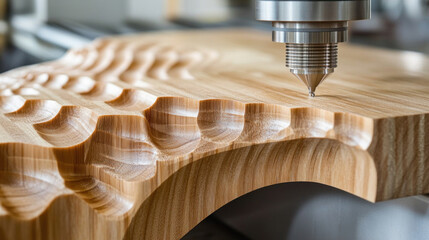 Cnc machine carving wavy pattern in wood plank