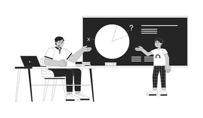 Wall Mural - Teacher and student solving math task together black and white 2D line cartoon characters. Tutor and child at lesson isolated vector outline people. Education monochromatic flat spot illustration