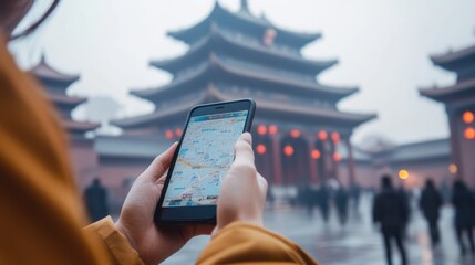 Person uses phone to navigate near a traditional Asian building.