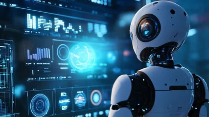 Poster - A robotic figure analyzes complex data visualizations displayed on a holographic screen in a high-tech setting.