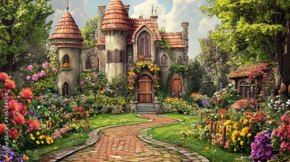 Whimsical medieval castle with vibrant flowers, towering trees, and a ...
