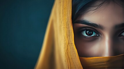 Canvas Print - Close up of a woman's eye with a yellow veil covering her face.