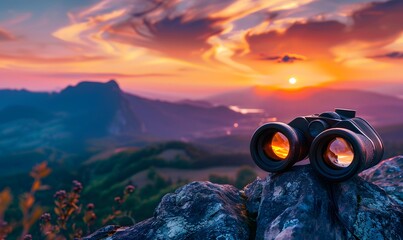 binoculars on top of rock mountain at sunset. 