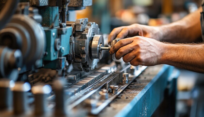 Wall Mural - Factory worker operating lathe machinery in metalworking workshop