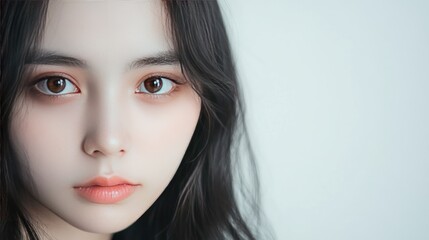 Wall Mural - Close-up portrait of a young woman with long black hair, looking directly at the camera. Her eyes are brown and her lips are slightly parted.