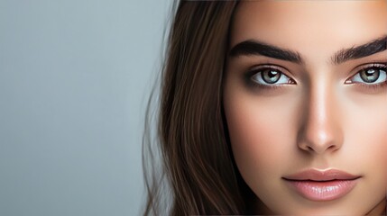 Poster - Close-up portrait of a young woman with long brown hair and bright green eyes, looking to the side, with her lips slightly parted.