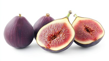 Three ripe figs, two whole and one cut in half, on a white background.