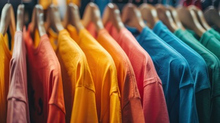 Colorful organic t-shirts on hangers recycled cotton sustainable fashion concept