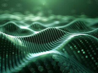 Poster - Abstract representation of digital waves with luminous green particles flowing in a mesmerizing pattern