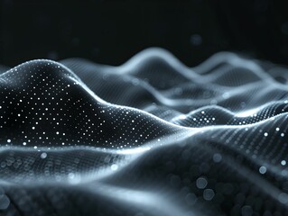 Poster - A mesmerizing landscape of glowing waves created by floating particles against a dark backdrop in an abstract representation of digital art