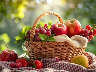 Canvas Print - A vibrant harvest basket filled with fresh apples, grapes, and strawberries set against a lush garden backdrop in warm sunlight