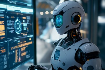 Leinwandbilder - A cutting-edge robot is deeply engaged in analyzing intricate data on a high-tech digital screen, showcasing the abilities of artificial intelligence in data analysis.