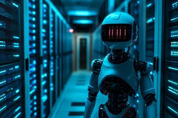 Leinwandbilder - A futuristic AI robot ensuring optimal operation within a blue-lit server room, representing the blend of artificial intelligence and advanced technology in maintaining seamless digital environments.