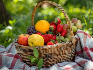 Poster - A vibrant basket filled with fresh fruits like strawberries, apples, and grapes resting on a checkered cloth in a sunny garden setting