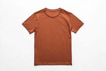 A rust-colored t-shirt exhibiting minimalistic design aesthetics, laid flat on a white background, representing a stylish yet simple fashion choice for casual wear.