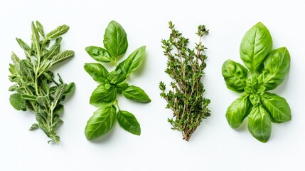 Poster - A neat arrangement of fresh herbs including sage, basil, and thyme, displayed on a clean, white background, emphasizing the herbal elements, freshness, and culinary potential.