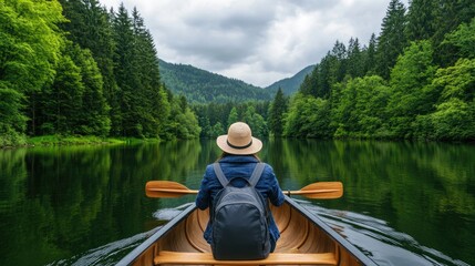 A person wearing a jacket and red hat rows a wooden canoe on a calm lake, surrounded by dense forests and stunning natural scenery. This captures the essence of adventure and relaxation