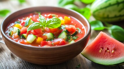 A vibrant bowl of gazpacho garnished with basil, set on a rustic table, evokes a fresh summer vibe.