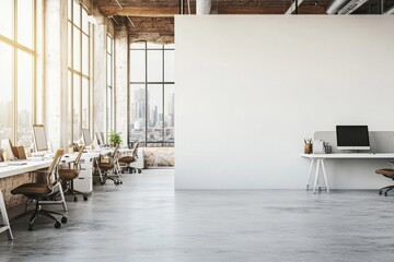 Poster - The concept of a modern open space office featuring city views, concrete floors, a light atmosphere, and an empty wall. 3D rendering.