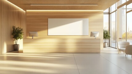 Poster - An ad display concept of a framed blank billboard on a wooden and glass building facade. Sunny exterior.