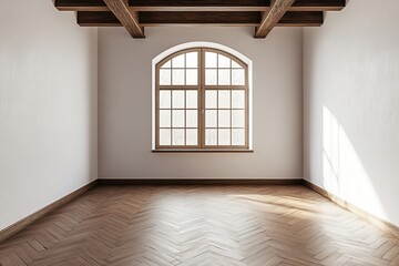 Poster - Angular arch window in beige living room with empty interior